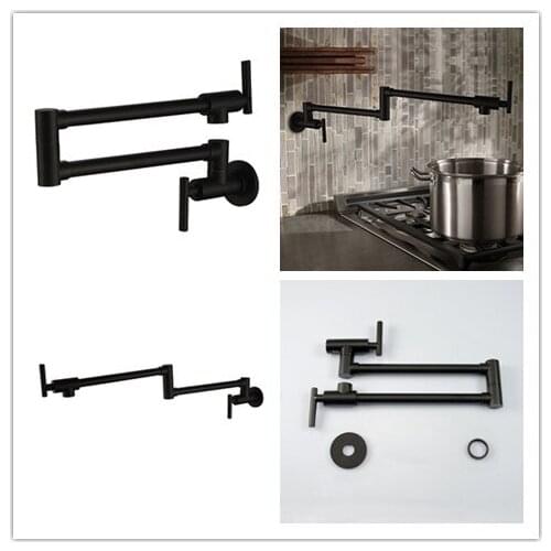Matte Black Pot Filler Folding Stretchable Double Joint Swing Arm Wall Mount Kitchen Faucet,Two Handle Kitchen Sink Faucet