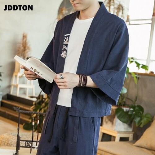 JDDTON Mens Summer Cotton Linen Kimono Embroidery Leisure Cardigan Outwear Haori Chinese Jackets Thin Traditional Clothing JE047