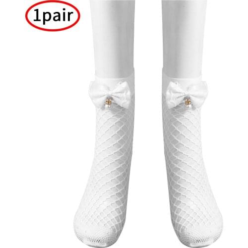 Japanese Style Loli Socks Bowknot Pearl Short Ankle Sock Women Girls Summer Hollow Out Fishnet Sockens Sexy Sheer Mesh Hosiery