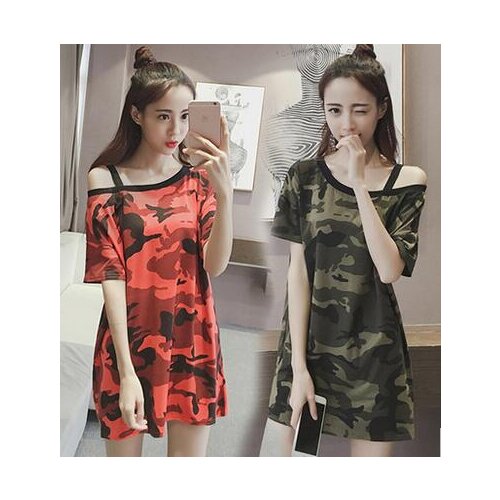 Summer 2021 new one-line collar strapless camouflage mid-length short-sleeved T-shirt female students loose large size