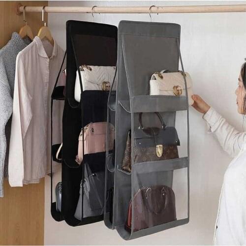 New Foldable 6 Pocket Hanging Handbag Organizer For Wardrobe Closet Storage Bag Door Wall Clear Sundry Bag With Hanger Pouch
