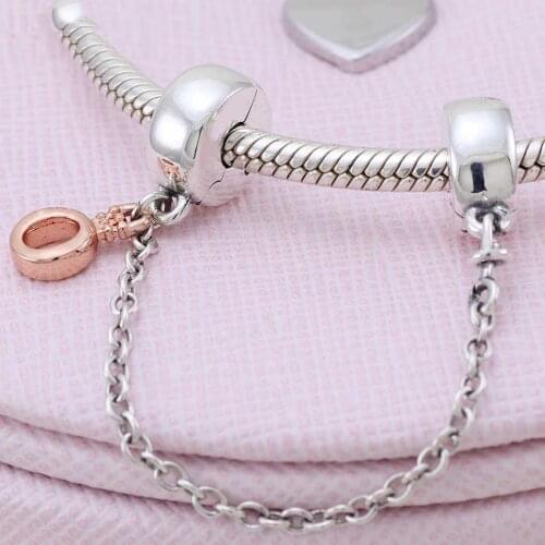 Original Rose Gold Dangling Crown O Clip Safety Chain Beads Fit 925 Sterling Silver Charm Europe Bracelet Bangle Diy Jewelry