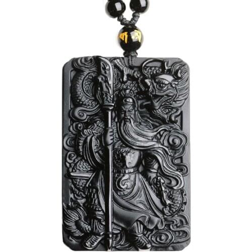 Drop Ship Black Obsidian Dragon GuanYun Necklace Jade Pendant Hand-Carved Lucky Amulet Pendant Mens Jewelry With Beads Chain