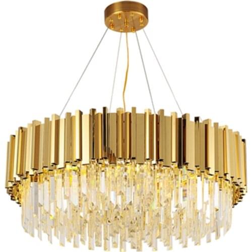 Luxury Plated Gold Metal Lustre K9 Crystal Led Pendant Lights E14 Luminarias Dining Room Straight Pendant Lamp Lighting Fixtures