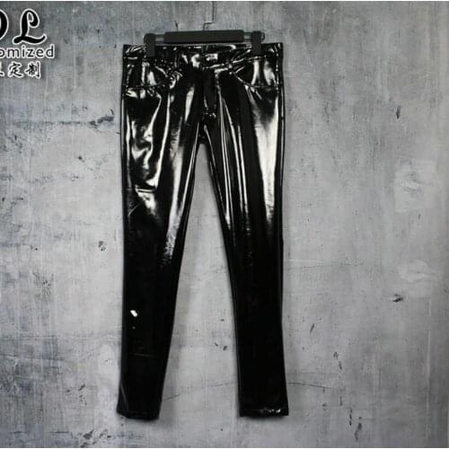 S-3xl Mes Leather Pants Personality Korean Slim Feet Trousers Gd Nightclub Stage Singer Skinny Bright Leather Pants Costumes