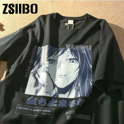 Japanese Anime Print Loose T-shirt Harajuku Casual Cartoon Streetwear Funimation Women Shirt Punk vintage tshirt accessory top