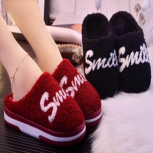 Winter new style cotton slippers Korean letters warm thick-soled slippers womens wooden floor household slippers 36-41