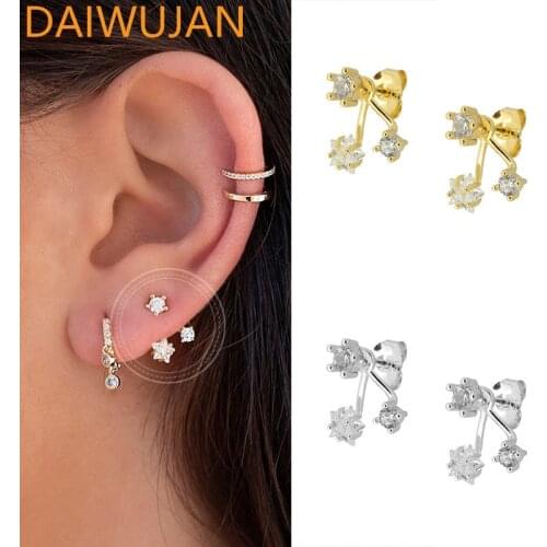 DAIWUJAN Authentic 925 Sterling Silver Stud Earrings Gold Plated Star Round Zircon Earrings For Women Wedding Jewelry