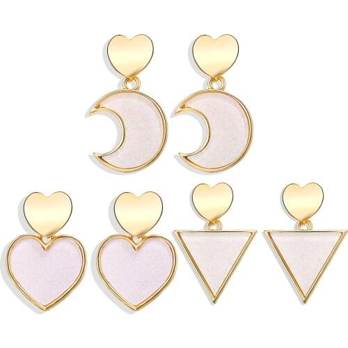 Boho Fashion Metal Border Alloy Border Acrylic Pink Moon Triangle Heart Shape Earrings For Women Vintage Earring Jewelry Gift