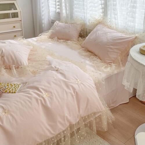 Bedding Set Princess Style Cotton Washed Cotton Four-piece Set Polka Dot Tulle Lace Embroidery Duvet Cover Sheet Bedding