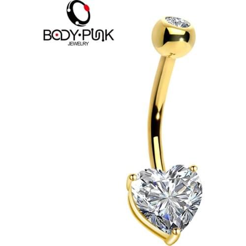 BODY PUNK 14G Gold Heart Solitaire Cubic Zirconia Belly Button Rings Piercings Navelpiercing Rings Belly Jewelry Nombril Women