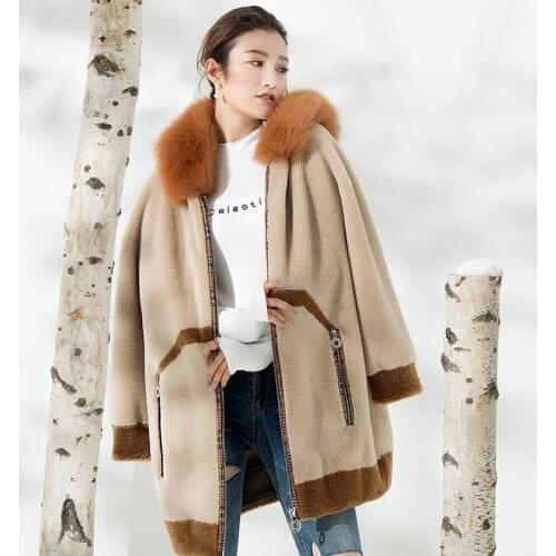 Real Fur Coat Women Hooded Winter Jacket 100% Wool Fur Coats Plus Size Korean Fox Fur Collar Loose Manteau Femme