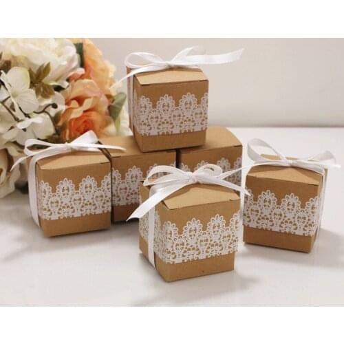 10pcs Lace Bow Candy Dragee Box Flower Kraft Paper with Ribbons Birthday Wedding Gift Box Mini Single Cake Dragee Box Packaging