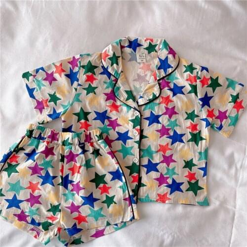2021 New Style Girls Boys 2 Pcs Set Printed Shirt +Shorts Summer Cotton Fashion Kids Pajamas Suits 1-6 Years Childrens Clothing
