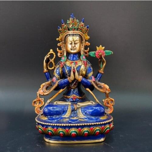 21cm Pure copper four-armed Guanyin Buddha statues Tantric Bodhisattva home Decoration