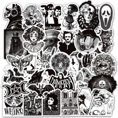 50pcs/pack Black and White Skull Graffiti Stickers Car Windows DIY Laptop Luggage Guitar Skateboard Car Decal Kids Toy