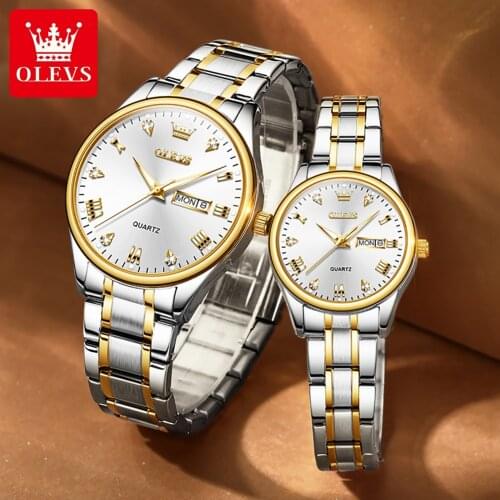 OLEVS Couple Watch Golden Fashion Business Lovers Watch Quartz Wrist Watches Women Men Calendar Wristwatch Reloj de pareja