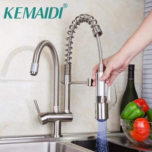 KEMAIDI Classic Kitchen Faucet Pull Out Spray Tap And Swivel Brushed Nickel Finished LED With 3 Color Deck Mounted Mixer