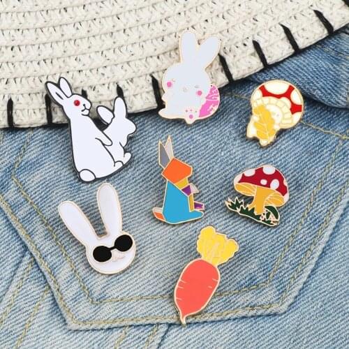 Rabbit Mushroom Carrot Brooch Cute Bunny Lapel Enamel Pin Shirt Backpack Badge Cartoon Animals Plant Jewelry For kids Friends