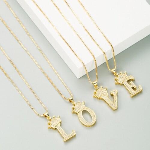 Zirconia Pendant 26 English Letters Crown Necklace Brass Plating Micro-encrusted Female Collarbone Chain Gift for Women Girl