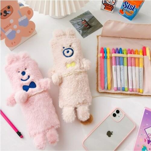 Cute cartoon plush embroidery roller pen curtain animal shape pencil case stationery bag ins Japanese pencil case