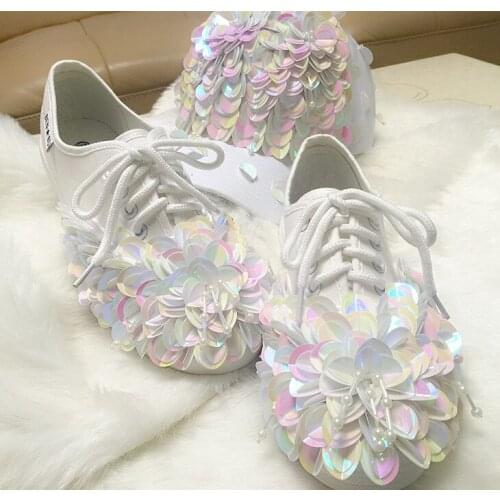Fashion brand hand-sewn flowers sequins three-dimensional casual shoes personality white shoes wedding shoes canvas