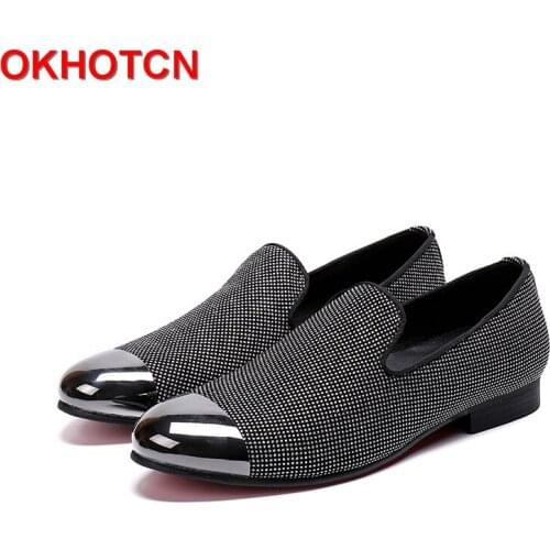 Men Fashion Rhinestore Suede Loafer Shoes Party Dress Metal Pointed Toe Flats Bling Shiny Casual OKHOTCN Breathable Black Shoes