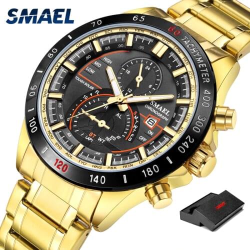 SMAEL New Sport Golden Watch Mens Watches Top Brand Luxury Speed Measurement Bezel Clock Men Calendar Quartz Watch