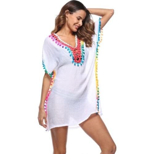 Women Bathing Suit Bikini Cover Ups Sexy Deep V-Neck Hollow Out Crochet Rainbow Pom Pom Tassel Side Split Beach Dress