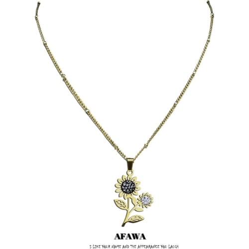 Stainless Steel Crystal Sunflower Statement Necklace for Women/Kids Gold Color Chain Necklaces Jewelry girasol acero N4893S01
