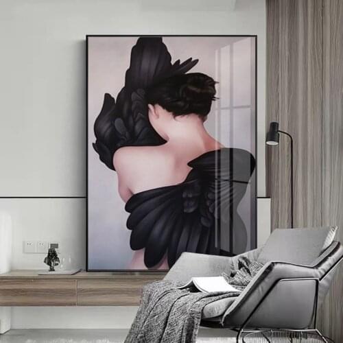 Black Feather Robe Girl Woman Art Abstract Poster Wall Poster Canvas Print Painting Contemporary Art Decoration Picture Decor