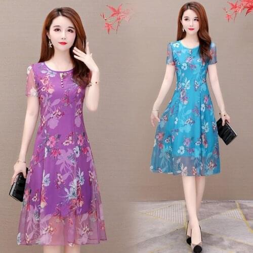 Summer Floral Print Button Short Sleeve Scalloped Neck Knee-Length A-Line Plus Size Lake Blue Purple Cocktail Dress 9743