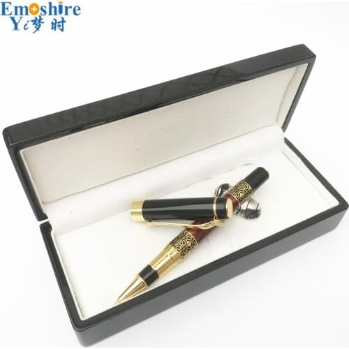 Dropshipping Wholesale Birthday Present Set Luxury Golden Pattern Retro Ballpoint Gift Set Wooden Box Roller Ball Pen Man P630
