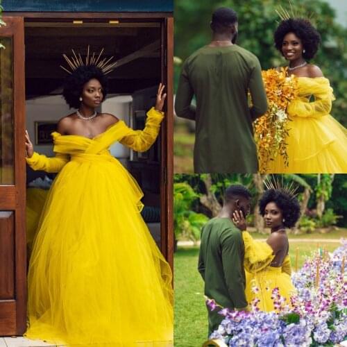 Wedding Photoshoot Party Dresses Golden Yellow Prom Dress Off Shoulder Puffy Prom Dress Full Sleeve France Bride For Photo Shoot