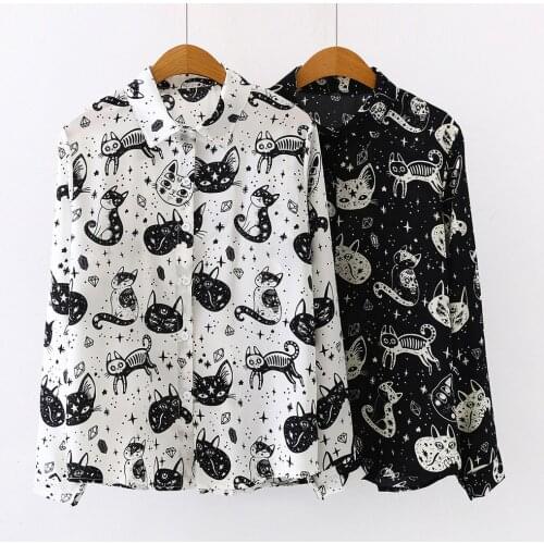 JAYCOSIN Women Long Sleeve Loose Cat Printed Shirt Turn Down Collar Tops Single Button Chiffon Shirts Japan Korean style 1212