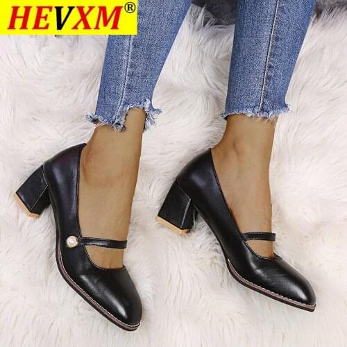 Shoes For Women High Thick Heels Classic Pumps Autumn pearl Hasp Shallow Leather Square Toe Casual Fashion Shoes Size 35-42