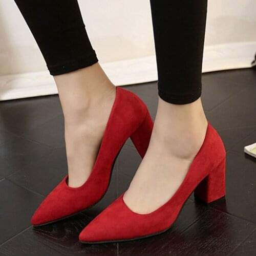 Free shipping Pumps 2019 Pointed high-heeled shoes with heel with a shallow mouth female red bride shoes black wild suede shoes