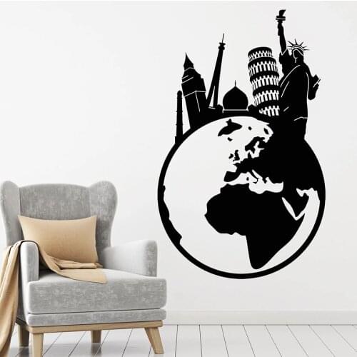 Globe Wall Decal Travel World Tower Statue Of Liberty Big Ben Vinyl Window Stickers Bedroom Living Room Home Decor Mural M049