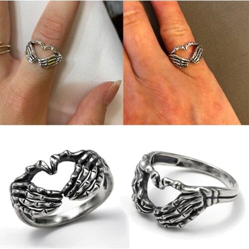 Vintage Hand with Heart Rings for Women Men Gothic Skeleton Charm Couple Rings For Lovers Punk Friendship Jewelry Creative Gift