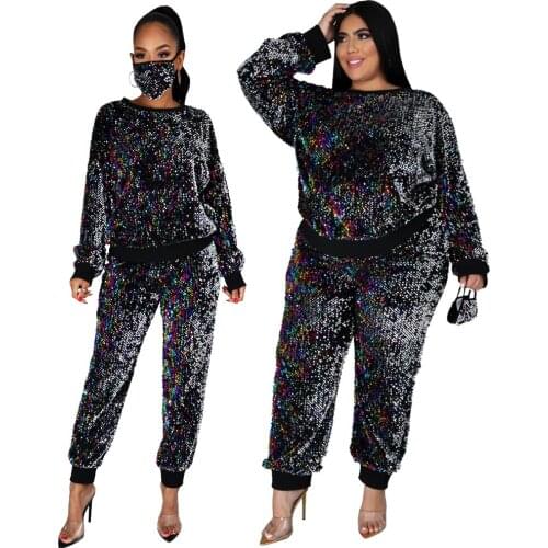Plus Size Womens Clothing With Free Shipping Pullover Tops Party Sequin Matching Pant Suits Bulk Items Night Club Jumpsuits
