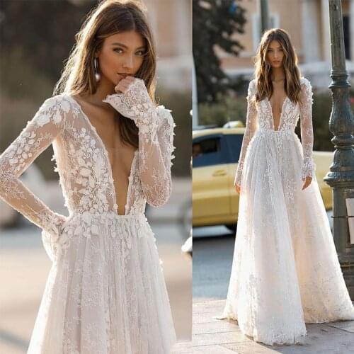 Eightree Vestido de Renda Boho Wedding Dress Long Sleeve Lace Wedding Gowns Bohemian Vintage Bridal Dresses 2021 Backless