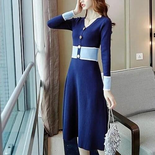 Sexy V Neck Knitted Dress Women Winter Autumn Long Sleeve Party Day Dress With Waist Tie Ladies Ribbed Knitwear