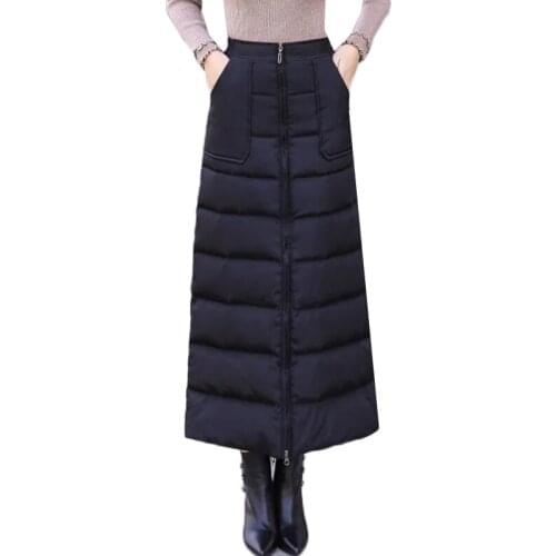 Winter Womens Skirts 2021 New One-piece Zipper Mid Long Skirt High Waist Plus Cotton Warm A-Line Black Skirt Womens Clothing