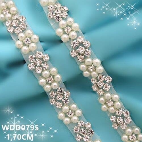 10 yards )Bridal hand beaded pearl bead rhinestone applique trim iron on for wedding dresses belt WDD0795
