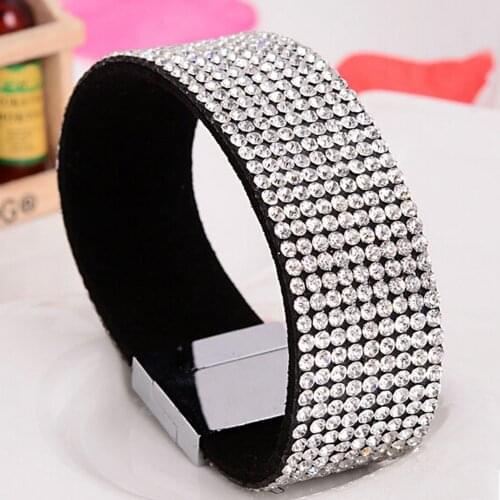 9 Row Crystal Rhinestone Pave Leather Fashion Magnetic Buckle Bracelets for women