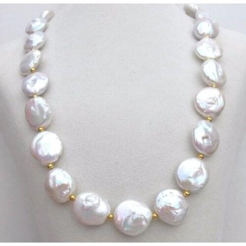 AAA++ 17-18mm south sea white coin pearl necklace 18" 925silver GOLD CLASP