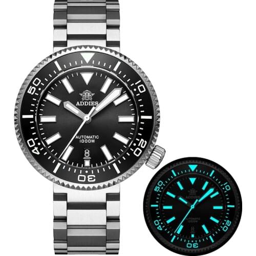 Addies Stainless Steel Diver Watch 1000M Water Resistant Sapphire Ceramic Bezel Blue Luminous NH35 Mens Automatic Movement