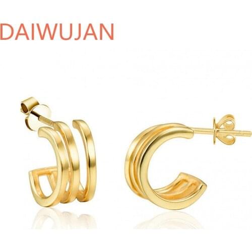 Authentic 925 Sterling Silver Three-layers C-shaped Stud Earrings For Women Small Circle Gold Aretes Punk Retro Ear Jewelry
