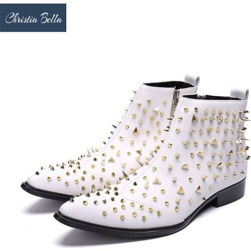 Christia Bella Autumn Rivets Men Shoes Genuine Leather Rivets Boots Fashion Pointed Toe Boots Plus Size Zipper Ankle Boots