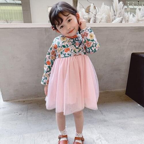 2020 Girl Dress Fashion Flower Print Mesh Princess Dress Chinese Style Kids Clothing Autumn New Arrival Long Sleeve Baby Dress